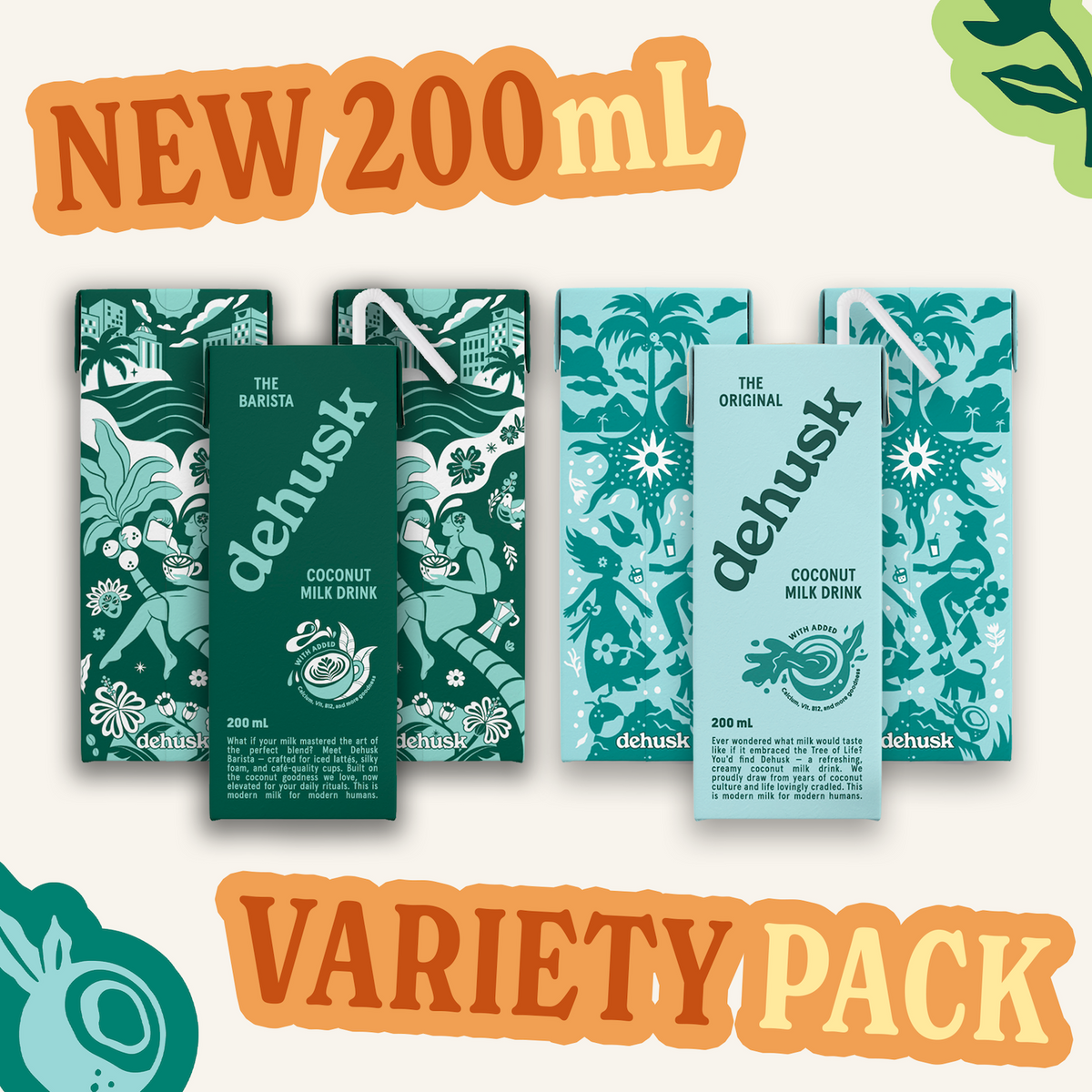 6 x 200mL Dehusk Coconut Milk Variety Pack - Original & Barista